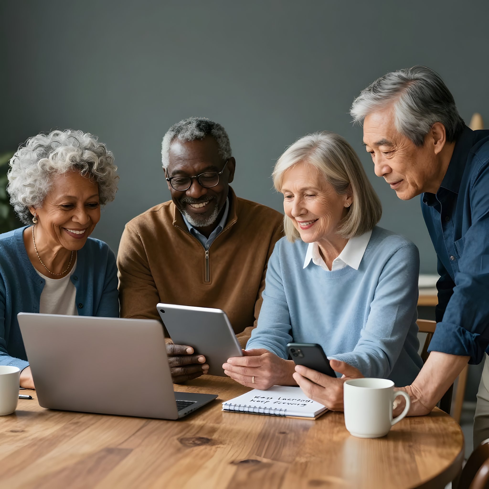 Four seniors smiling and engaged together with a laptop, tablet, and phone